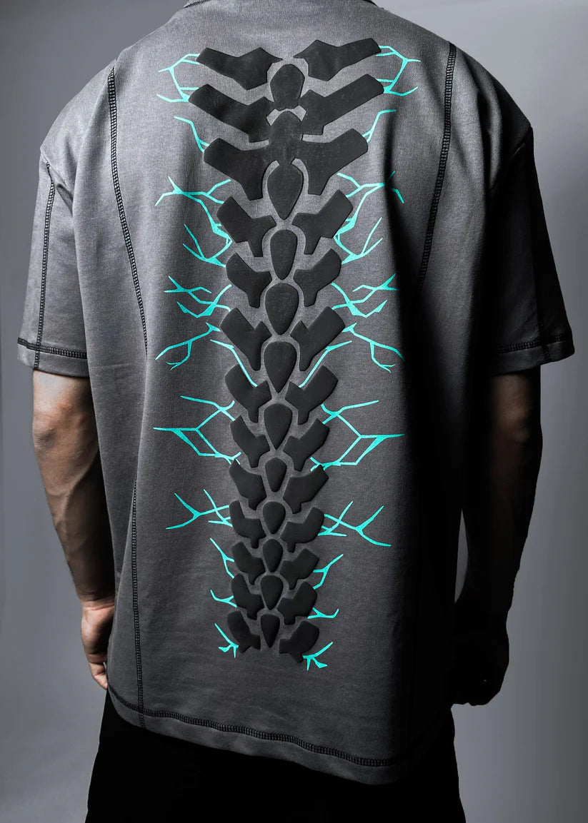 HypeWeave grey Kaiju No. 8 combat-suit oversized T-shirt with blue and black back graphic