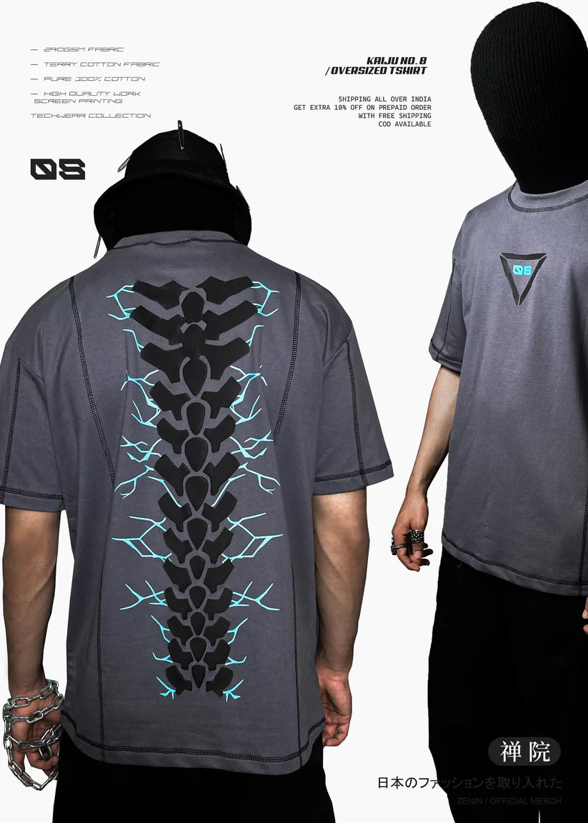 Gray t-shirt with unique design on the back worn by a person, displayed against a white background.