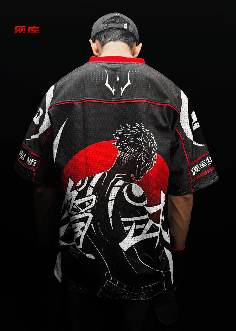 HypeWeave Sukuna anime mesh jersey with orange piping and printed artwork
