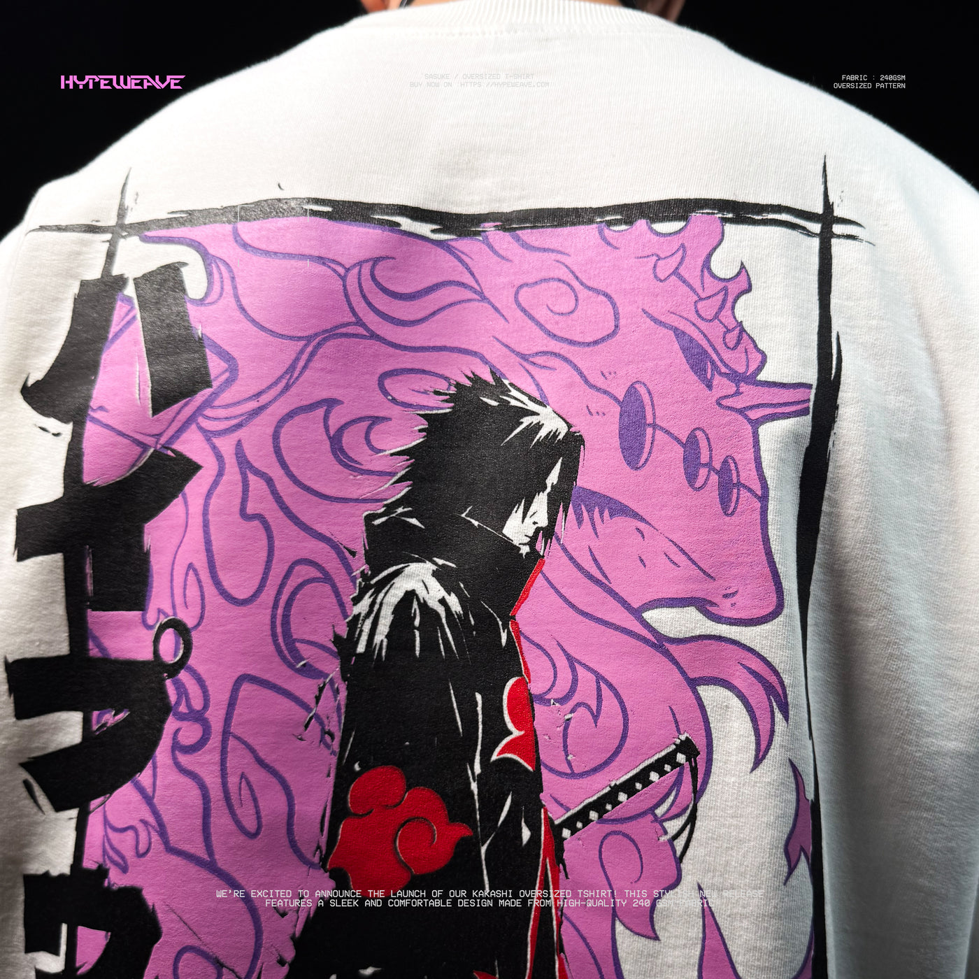 HypeWeave Sasuke V2 off-white oversized T-shirt with pink and red Susanoo-inspired artwork