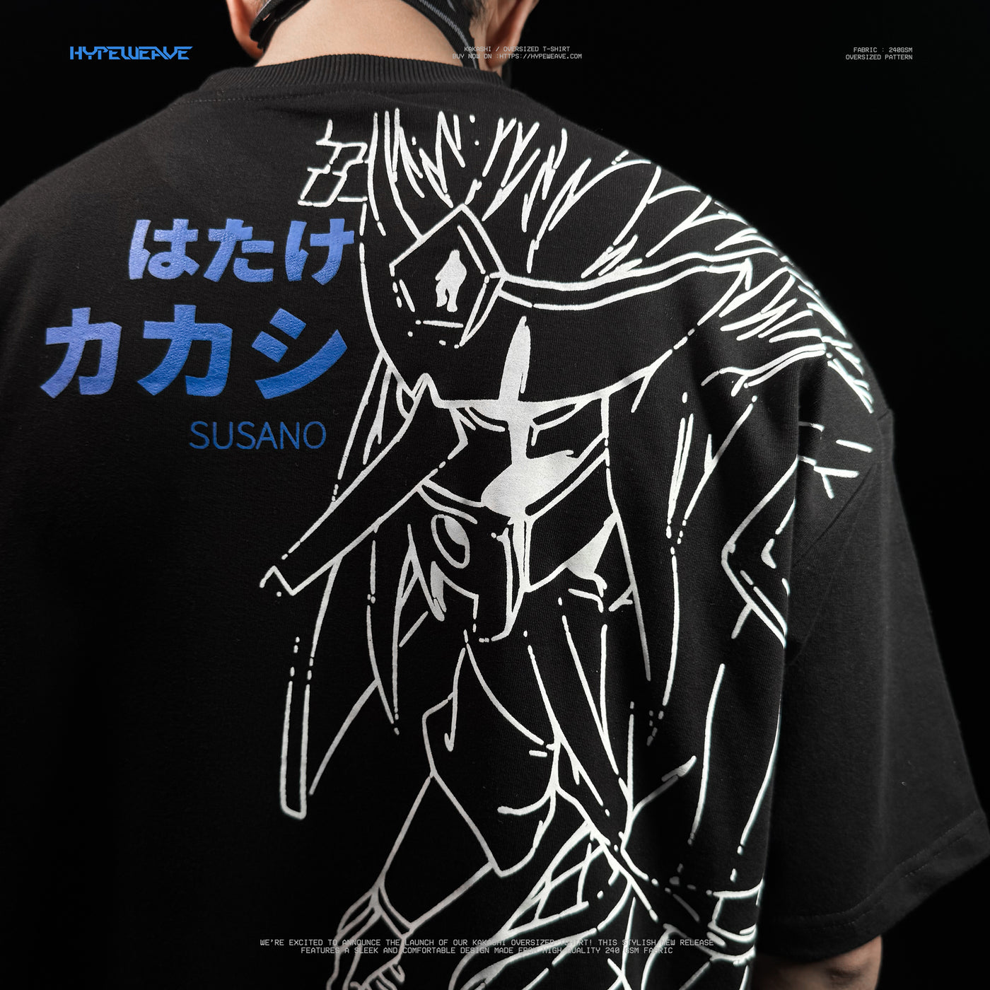 HypeWeave Kakashi Konoha black oversized T-shirt with blue Japanese details and back artwork