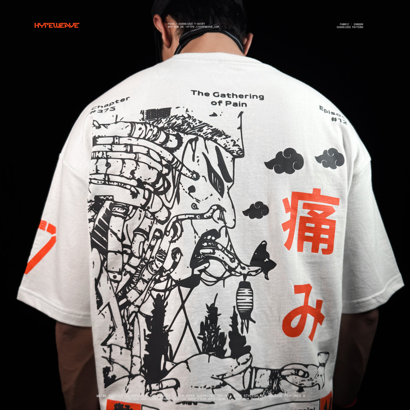HypeWeave Pain Naruto-inspired off-white oversized T-shirt with orange Oni mask graphic