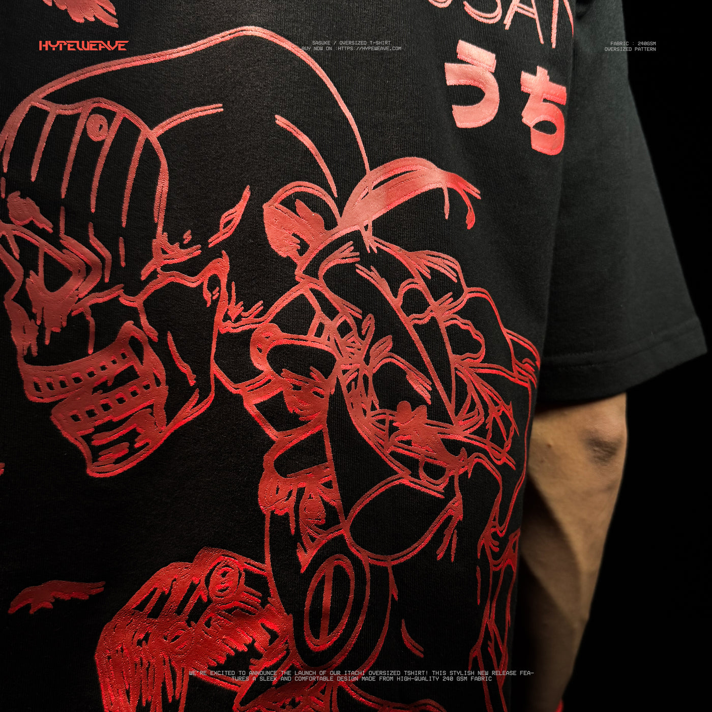 HypeWeave Itachi Konoha black oversized T-shirt with metallic-red crow artwork