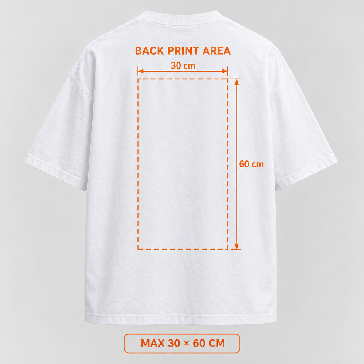 White custom T-shirt back with 30 × 60 cm print area guide