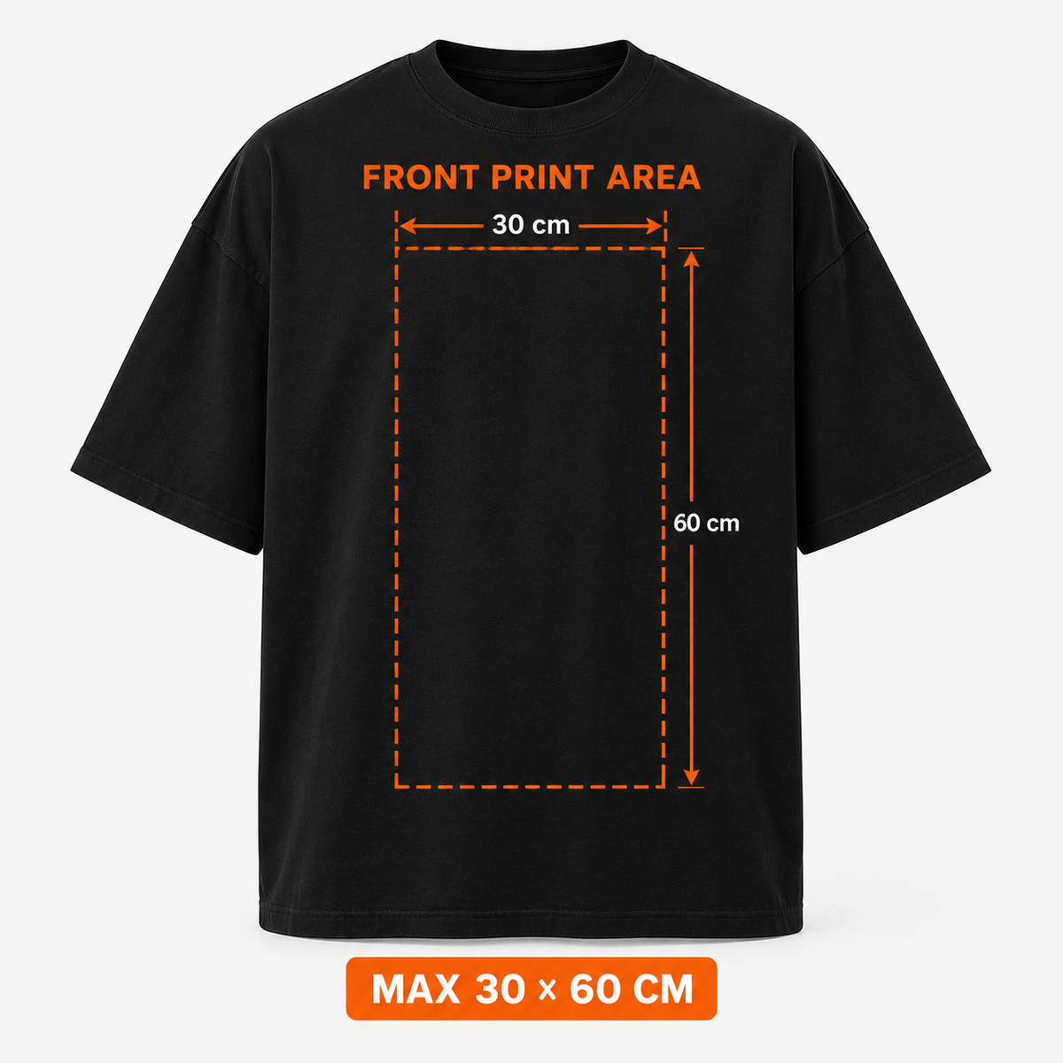 Black custom T-shirt back with 30 × 60 cm print area guide