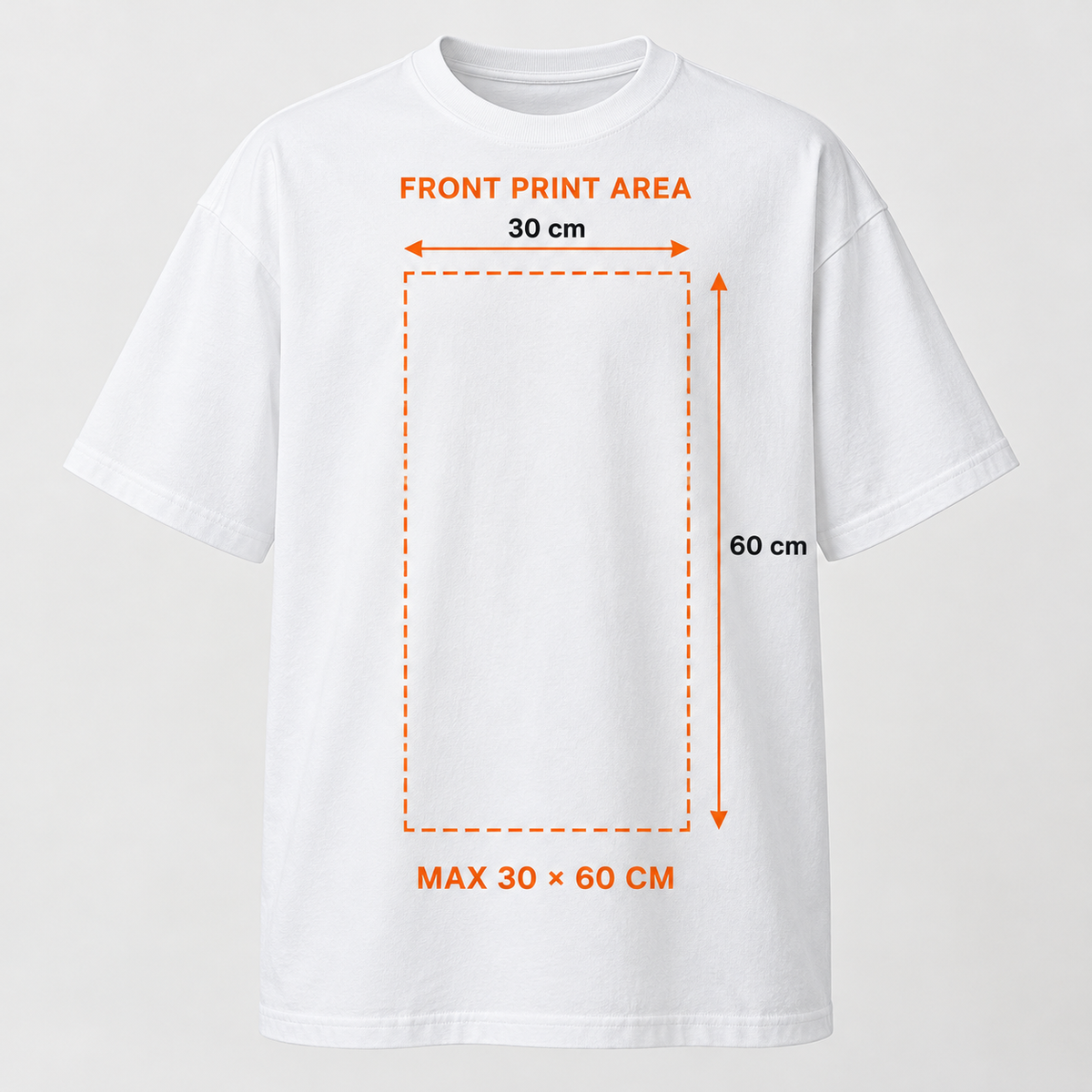 White custom T-shirt front with 30 × 60 cm print area guide