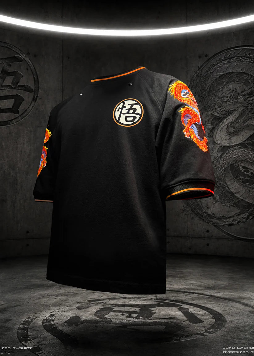 Goku Dragon Embroidery Oversized T-Shirt – 240 GSM Anime Streetwear | HypeWeave