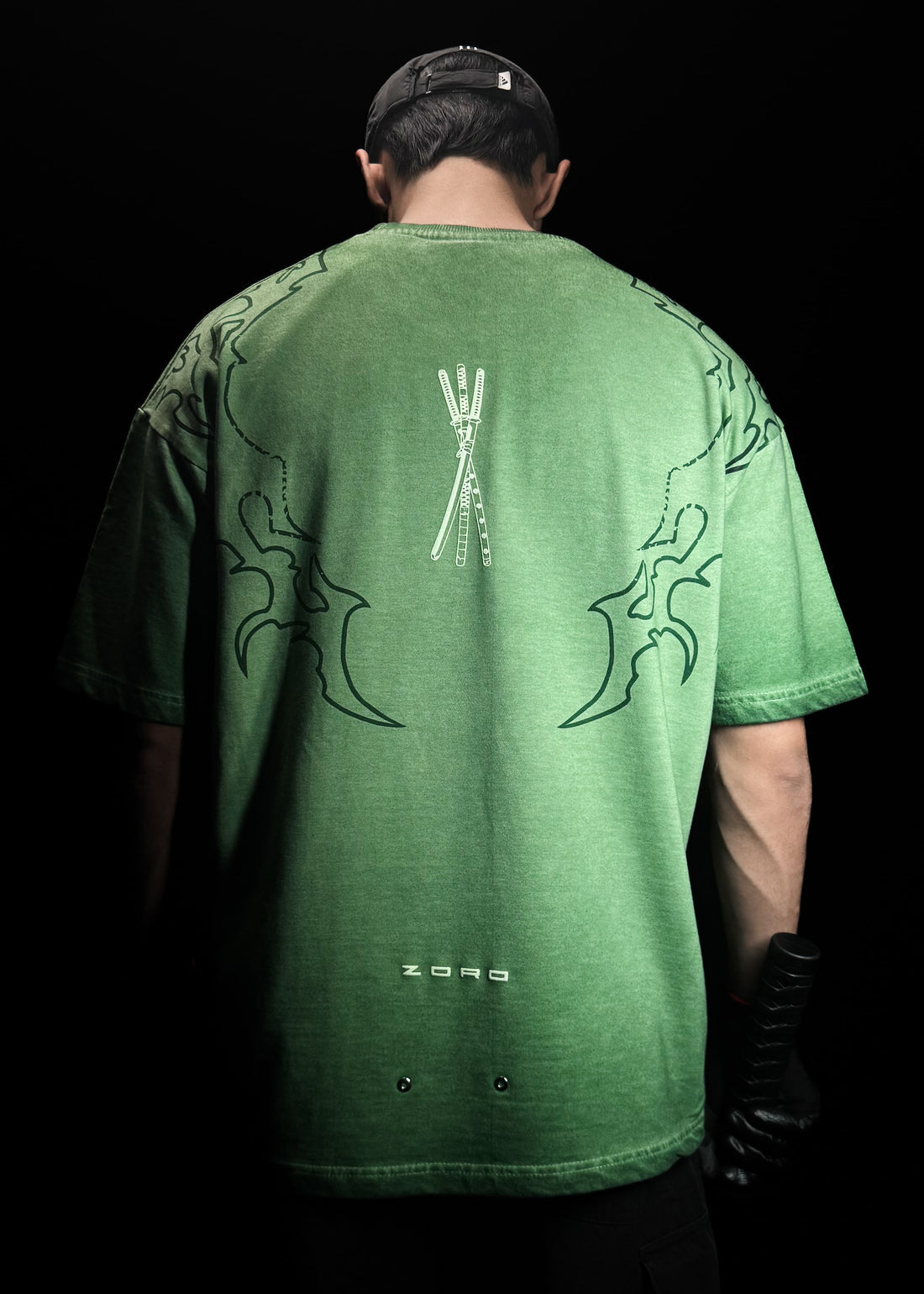 HypeWeave Zoro shadow-wash oversized green T-shirt with embroidered and printed details