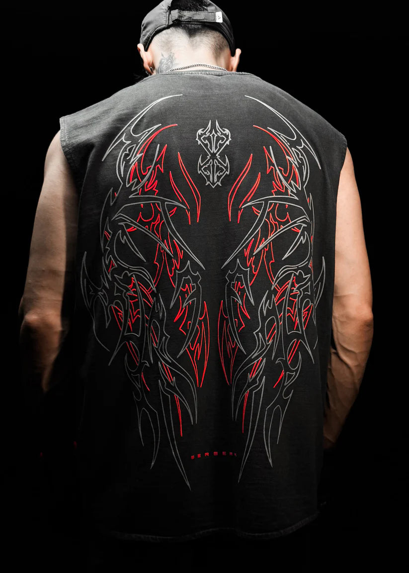 HypeWeave Berserk oversized acid-wash vest with gothic graphic design