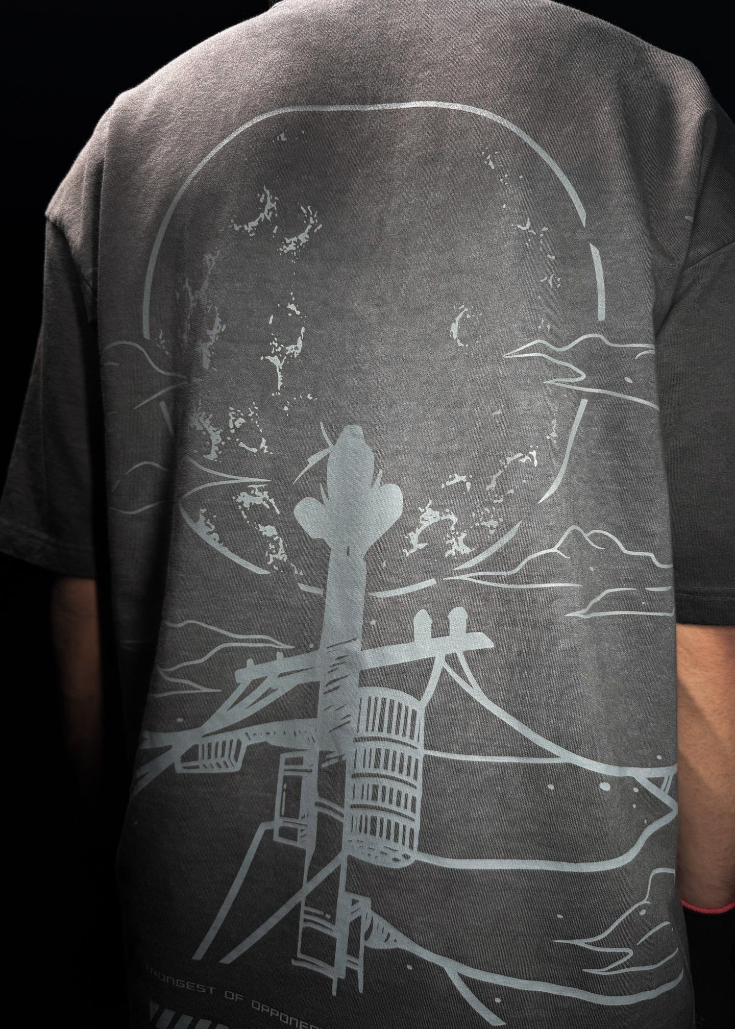HypeWeave Itachi shadow-wash oversized green anime T-shirt with front embroidery