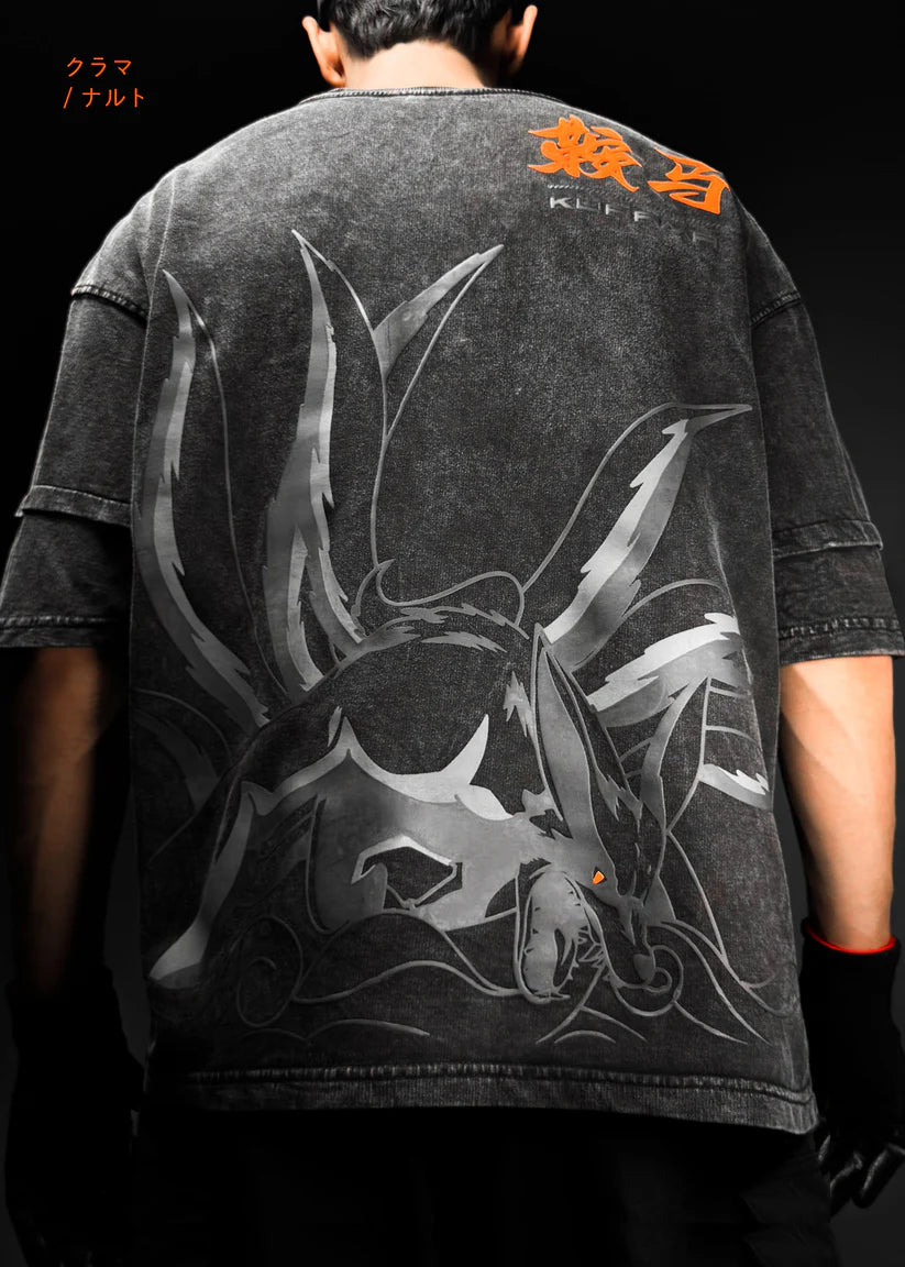 HypeWeave Kurama black oversized Naruto-inspired T-shirt with graphic back print
